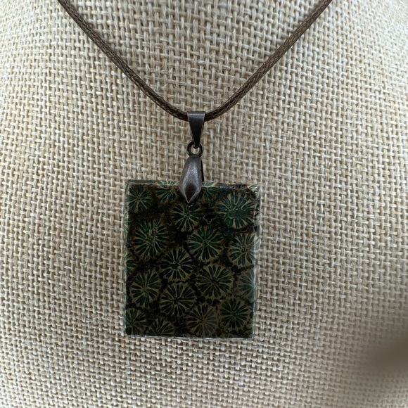 Green and Brown Coral Fossil Square Pendant Necklace on Brown Rope - Picture 2 of 12